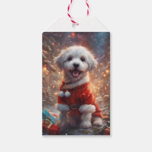 Gelukkige Santa Puppy, Vakantie Hond Cadeaulabel (Voorkant)