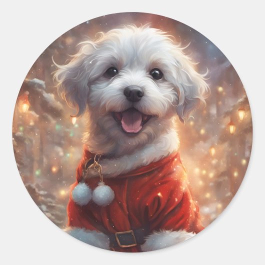Gelukkige Santa Puppy, Vakantie Hond Ronde Sticker (Voorkant)