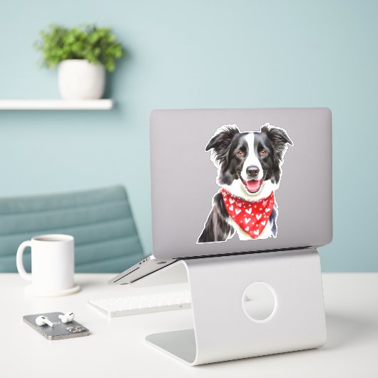 Gelukkige Schattigee Border Collie met Rode Hart B Sticker (Laptop op bureau)