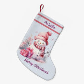 Gelukkige Schattigee Sneeuwman met Cadeau Bleu Ach Kleine Kerstsok (Voorkant (Hangend))