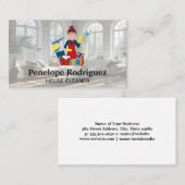 Gelukkige schoonmaakster met haar apparatuur visitekaartje (Voorkant / Achterkant)