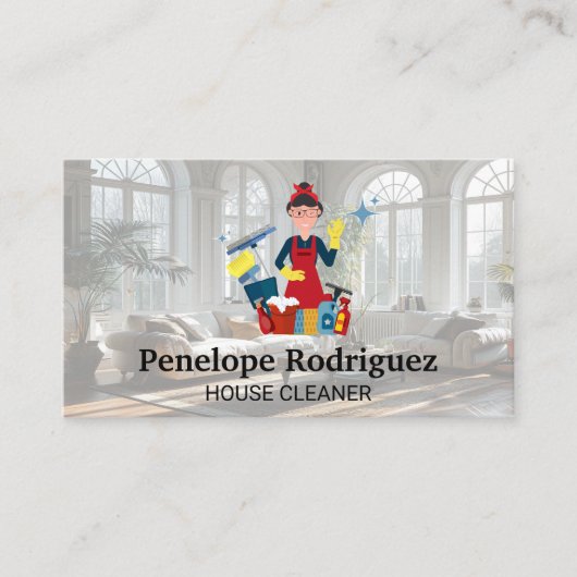 Gelukkige schoonmaakster met haar apparatuur visitekaartje (Voorkant)