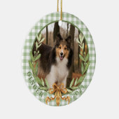 Gelukkige Sheltie in Laurel Wreath Foto Keramisch Ornament (Rechts)