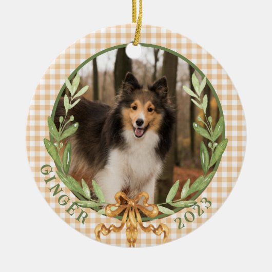 Gelukkige Sheltie in Laurel Wreath Foto Keramisch Ornament (Voorkant)