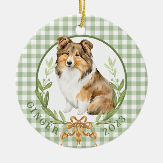 Gelukkige Sheltie in Laurel Wreath Keramisch Ornament (Voorkant)