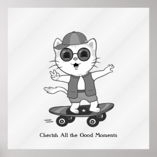 Gelukkige Skater Kat op Zilveren Grijze Shades Poster
