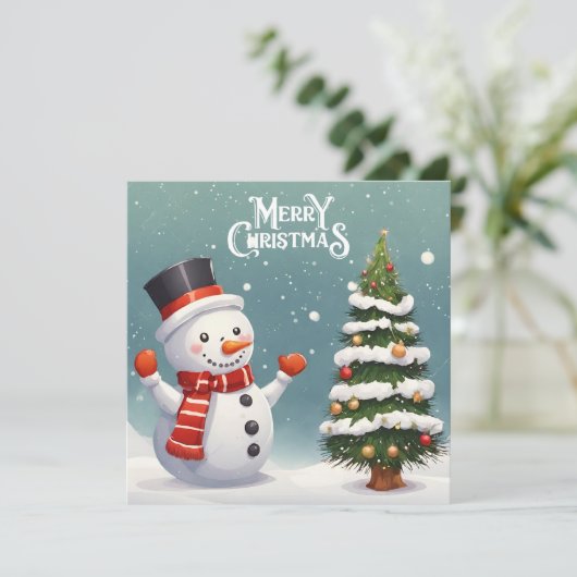 Gelukkige Sneeuwman en Kerstboom Feestdagenkaart (Staand voorkant)