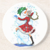 Gelukkige Sneeuwman en Meisje Dansen Tango Kerstfe Zandsteen Onderzetter (Voorkant)