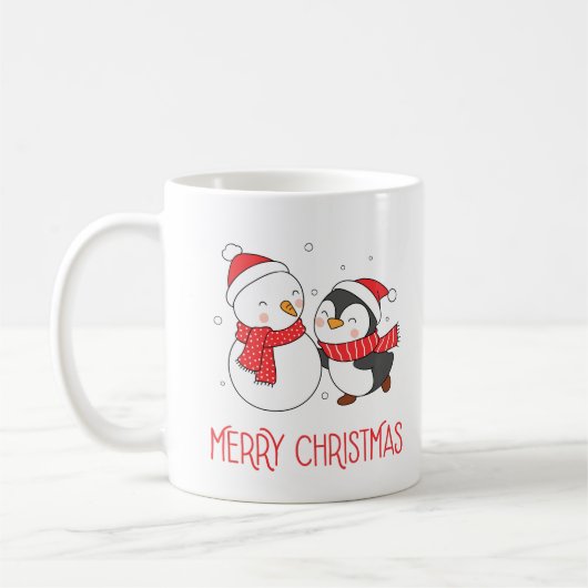 Gelukkige sneeuwman en pinguïn, kerstvakantie Mok (Links)