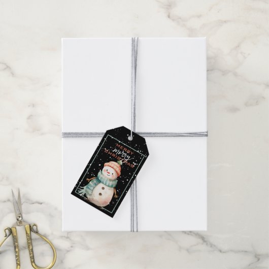 Gelukkige Sneeuwman in Blauwgroen Sjaal Kerstmis Cadeaulabel (Met Touw)