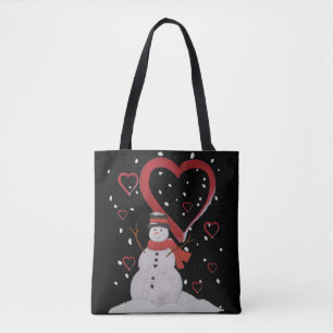 Gelukkige sneeuwman in de sneeuw met harten. tote bag