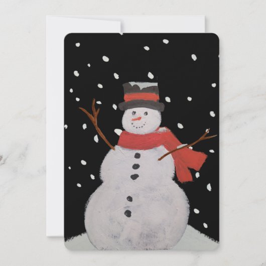 Gelukkige sneeuwman in de sneeuw 's nachts. feestdagenkaart (Voorkant)