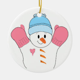 Gelukkige Sneeuwman in Roze Handschoenen Keramisch Ornament