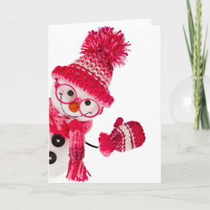Gelukkige Sneeuwman met Bril in Gebreide Roze Hoed Feestdagen Kaart