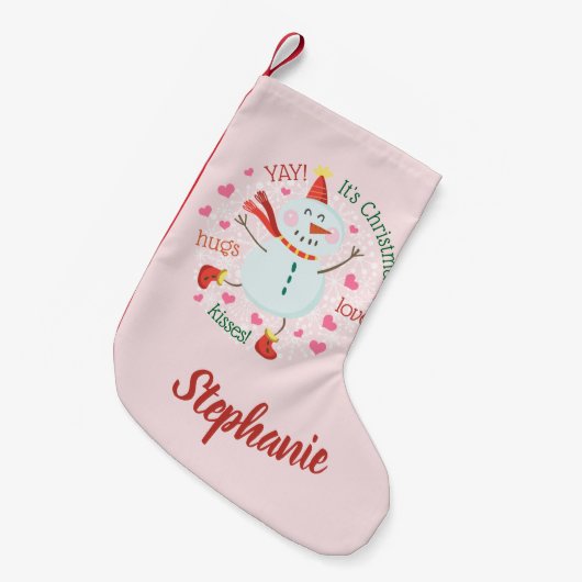 Gelukkige Sneeuwman Roze Kerstmis Kleine Kerstsok (Voorkant (Hangend))