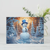 Gelukkige Sneeuwman Top Hoed Sneeuwbos Kerstmis Feestdagenkaart (Staand voorkant)