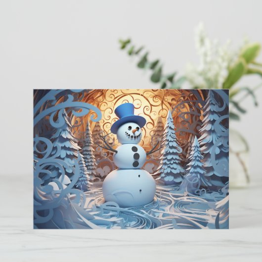 Gelukkige Sneeuwman Top Hoed Sneeuwbos Kerstmis Feestdagenkaart (Staand voorkant)