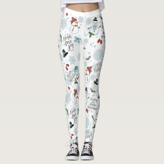 Gelukkige Sneeuwmannen Modern Kerstvakantie patroo Leggings (Voorkant)