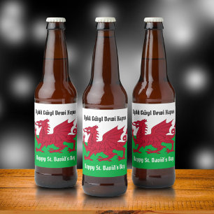 Gelukkige St. David's Day Rode Draak Welse vlag Bier Etiket