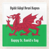 Gelukkige St. David's Day Rode Draak Welse vlag Glazen Onderzetter (Voorkant)