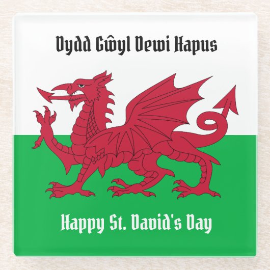 Gelukkige St. David's Day Rode Draak Welse vlag Glazen Onderzetter (Voorkant)