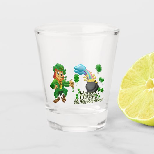 Gelukkige St. Patrick's Dag Leprechaun Regenboog  Shot Glas (Voorkant)
