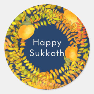 Gelukkige Sukkot emonen en bladeren krans blauw Ronde Sticker