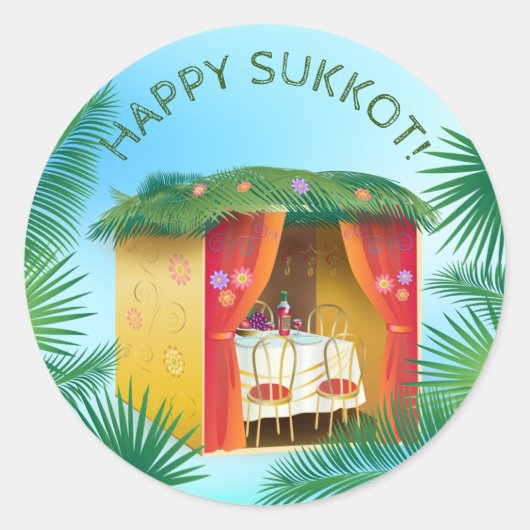 Gelukkige Sukkot Sukkah Lulav en Etrog Waterverf Ronde Sticker (Voorkant)