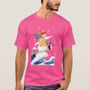 Gelukkige Surfer Sneeuwman Surfen Grappige Kerstmi T-shirt