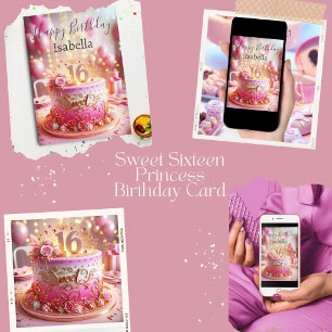 Gelukkige Sweet 16 Roze Roze Gouden Taart Verjaard Kaart