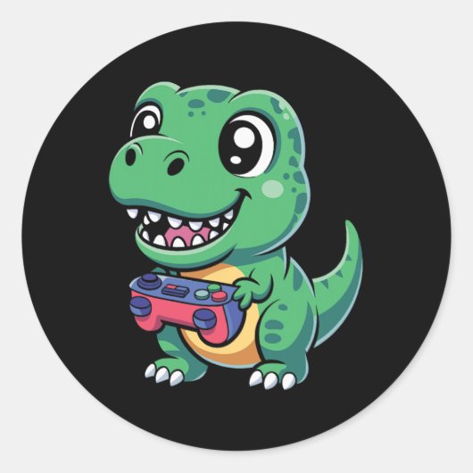Gelukkige T-rex Met Game Controller Schattige Game Ronde Sticker (Voorkant)