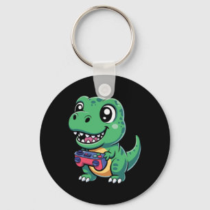 Gelukkige T-rex Met Game Controller Schattige Game Sleutelhanger