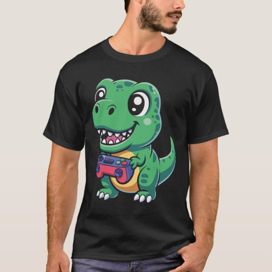 Gelukkige T-Rex Met Game Controller Schattige Game T-shirt (Voorkant)