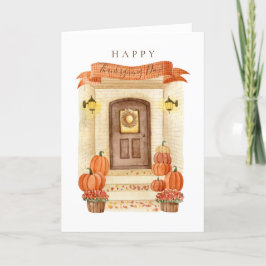 Gelukkige Thanksgiving Dag Herfst Huis Deur Pompoe Feestdagen Kaart