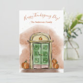 Gelukkige Thanksgiving Dag Herfst Huis Deur Pompoe Feestdagenkaart (Staand voorkant)