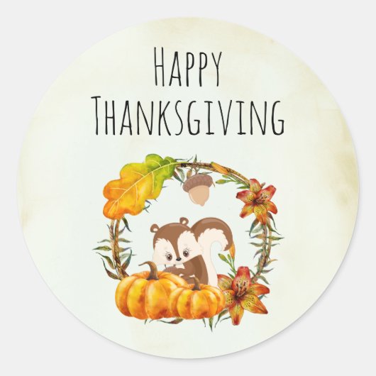 Gelukkige Thanksgiving Eekhoorn en Pumpkins Rustic Ronde Sticker (Voorkant)