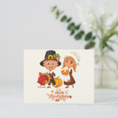 Gelukkige Thanksgiving Leuk Pelgrim Paar Feestdagenkaart (Staand voorkant)