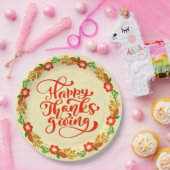 Gelukkige Thanksgiving Rode Gouden Krans 9" Papieren Bordje (Feest)