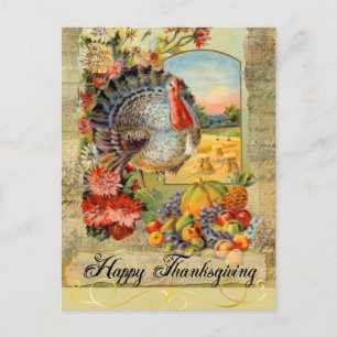 Gelukkige Thanksgiving  Turkije, Fruit, Flowers Feestdagenkaart