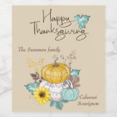Gelukkige Thanksgiving Waterverf Pompoen Wijn Etiket (Enkel label)