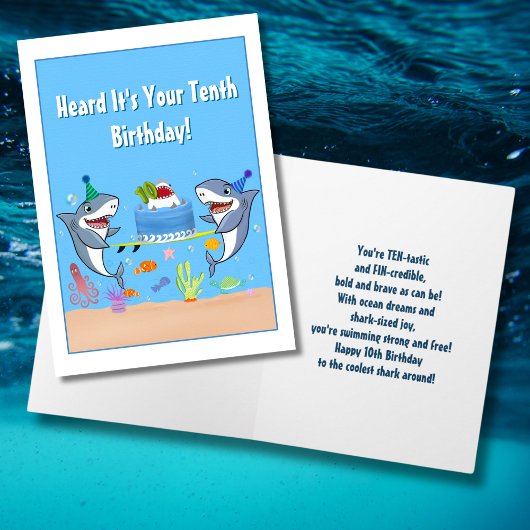 Gelukkige Tiende Verjaardag Haaien met Cake Card Kaart