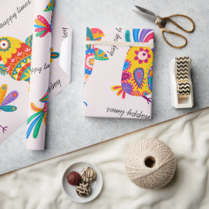 Gelukkige tijden cute kleurrijke volkskunst roze g cadeaupapier