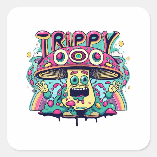 Gelukkige Trippy Paddenstoel Vierkante Sticker (Voorkant)