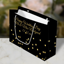 Gelukkige Trouwdag Zwarte en Gouden Confetti Cadea Large Cadeautasje