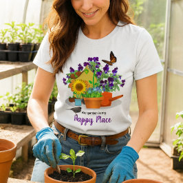 Gelukkige Tuin Bloemen Vogel en Vlinder Wit T-shirt