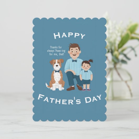 Gelukkige Vaderdag schattige puppy met vader en zo Feestdagenkaart (Staand voorkant)