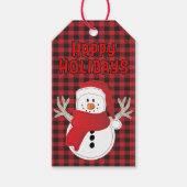 Gelukkige Vakantie Sneeuwman Rood en Zwart Land Pl Cadeaulabel (Voorkant)