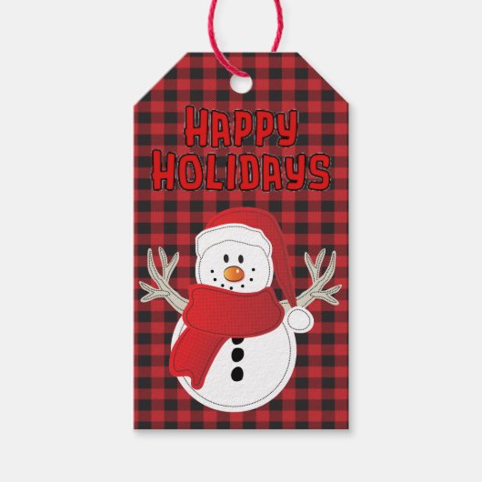 Gelukkige Vakantie Sneeuwman Rood en Zwart Land Pl Cadeaulabel (Voorkant)