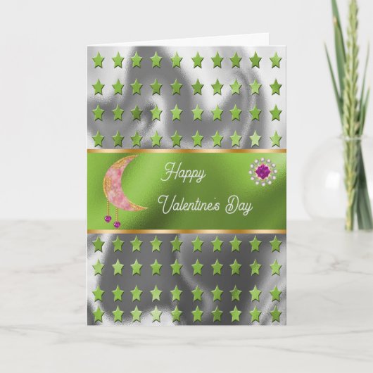 Gelukkige Valentijn Roze Maan Juwelen & Sterren Kaart (Voorkant)