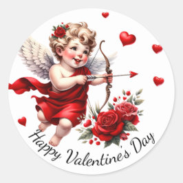 Gelukkige Valentijnsdag Cupido met Rode Harten & R Ronde Sticker